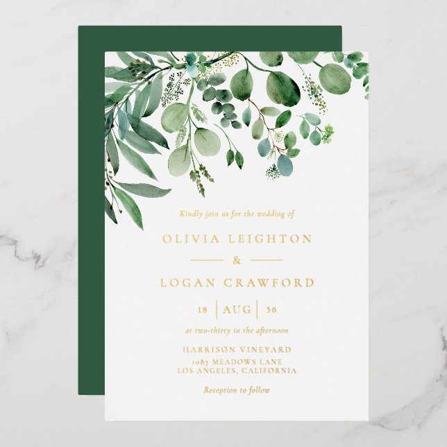 Invitación Con Relieve Metalizado Elegante acuarela Eucalyptus Greenery Boda (Anverso/Reverso)