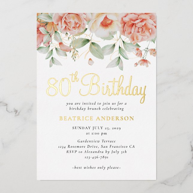 Invitación Con Relieve Metalizado Elegante acuarela Floral 80 cumpleaños (Anverso)
