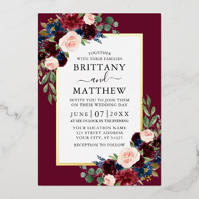 Invitación Con Relieve Metalizado Elegante acuarela Floral Boda Borgoña Oro (Anverso)