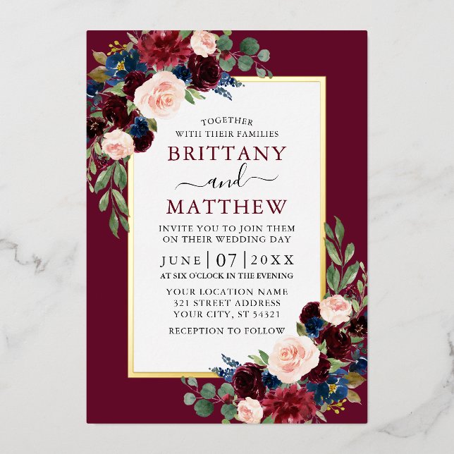 Invitación Con Relieve Metalizado Elegante acuarela Floral Borgoña Boda Oro (Anverso)