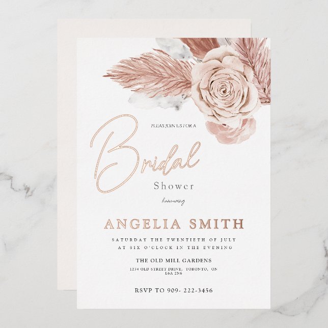 Invitación Con Relieve Metalizado Elegante acuarela Floral Bridal Shower Real Reliev (Anverso/Reverso)