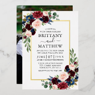 Invitación Con Relieve Metalizado Elegante acuarela floral mixto foto boda dorada