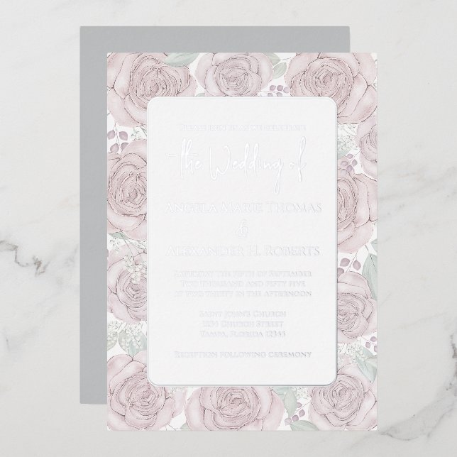 Invitación Con Relieve Metalizado Elegante acuarela floral Rosa clásico (Anverso/Reverso)