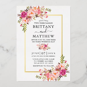 Invitación Con Relieve Metalizado Elegante acuarela rosa rubor floral boda dorado