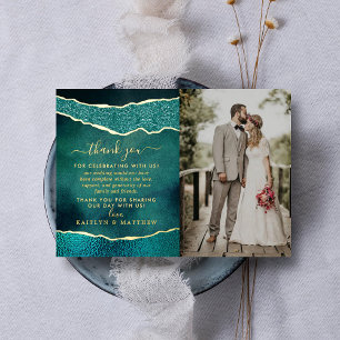 Invitación Con Relieve Metalizado Elegante Agradecimiento de Boda en Turquesa y Oro 