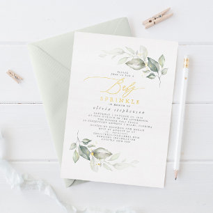 Invitación Con Relieve Metalizado Elegante aguarela verde y oro para baby sprinkle