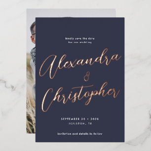 Invitación Con Relieve Metalizado Elegante Ahorro de Fecha de Boda en Caligrafía Azu
