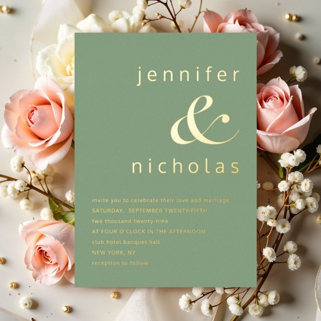 Invitación Con Relieve Metalizado Elegante Ampersa Verde y oro Boda (Elegant Green Ampersand Wedding Gold Foil Invitation)