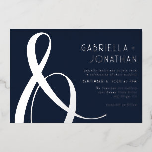 Invitación Con Relieve Metalizado Elegante Ampersand Blue Boda Silver