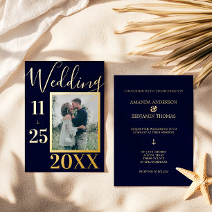 Invitación Con Relieve Metalizado Elegante Ancla Azul Marino Negrita Foto Boda Dorad