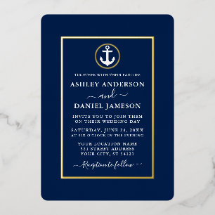 Invitación Con Relieve Metalizado Elegante Ancla Náutica Boda Azul Marino Dorado