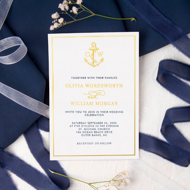 Invitación Con Relieve Metalizado Elegante Ancla Náutica Monograma Boda Oro (Subido por el creador)