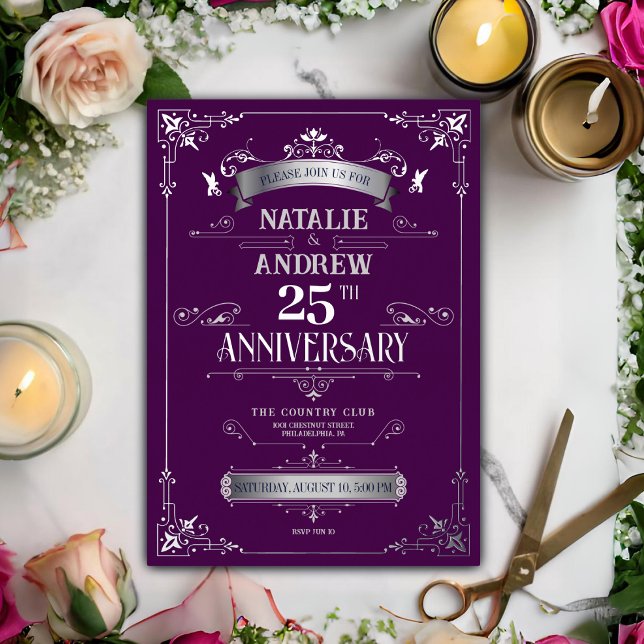 Invitación Con Relieve Metalizado Elegante Aniversario Boda de Plata Violeta 25 (Subido por el creador)