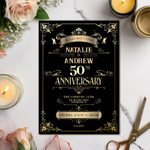 Invitación Con Relieve Metalizado Elegante Aniversario de 50 años de Boda Negro y Do