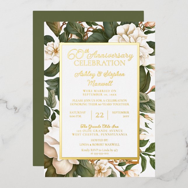 Invitación Con Relieve Metalizado Elegante Aniversario de la Flora Blanca 60° Boda (Anverso/Reverso)