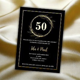 Invitación Con Relieve Metalizado Elegante Aniversario de la Hoja de Oro Negro 50° B