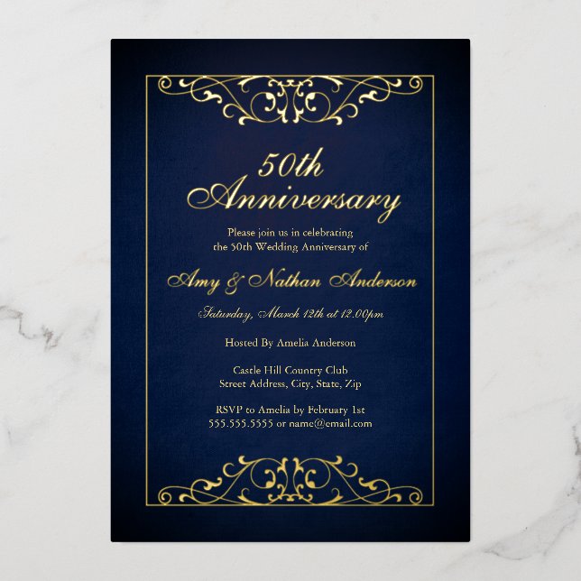Invitación Con Relieve Metalizado Elegante aniversario de la Marina de Oro 50° Boda (Anverso)