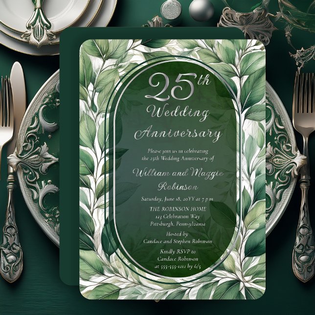 Invitación Con Relieve Metalizado Elegante aniversario de las hojas verdes 25° Boda (Elegant Green Leaves Foliage Frame Luxury 25th Wedding Anniversary Silver Foil Invitation)