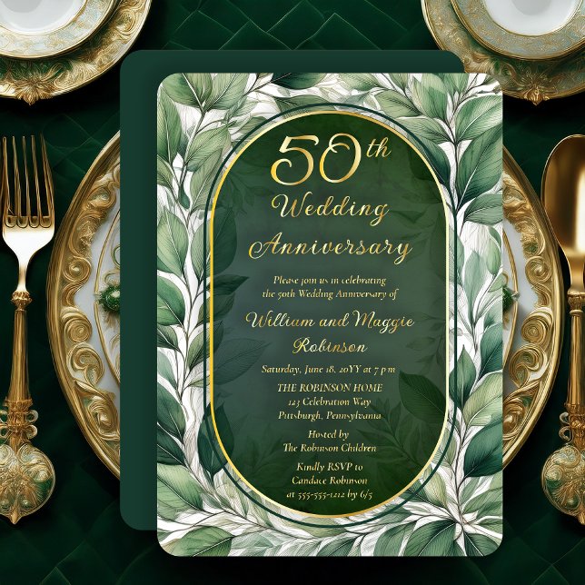 Invitación Con Relieve Metalizado Elegante Aniversario de las hojas verdes 50 Bodas (Elegant Green Leaves Foliage Frame Luxury 50th Wedding Anniversary Foil Invitation)