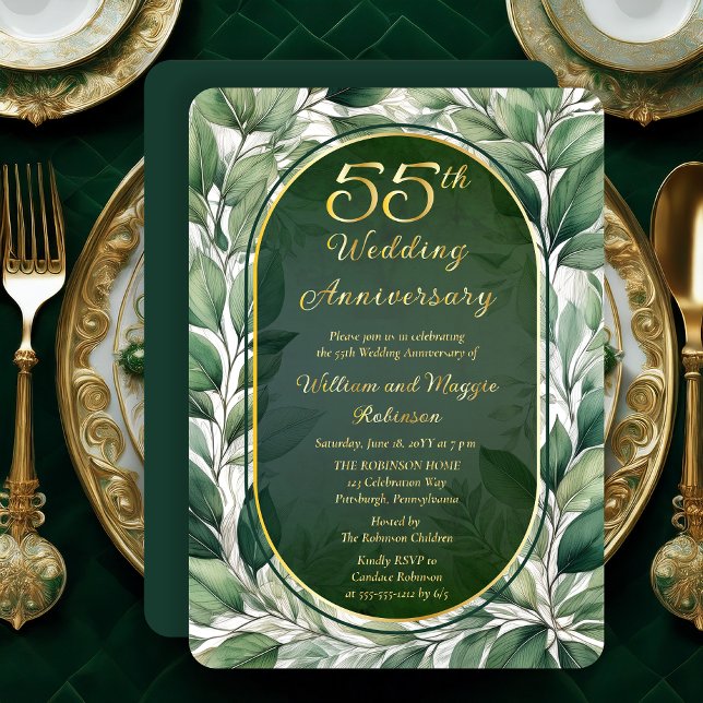 Invitación Con Relieve Metalizado Elegante aniversario de las hojas verdes 55° Boda (Elegant Green Leaves Foliage Frame Luxury 55th Wedding Anniversary Foil Invitation)