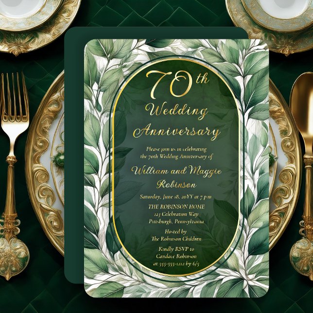 Invitación Con Relieve Metalizado Elegante Aniversario de las hojas verdes 70 Bodas (Elegant Green Leaves Foliage Frame Luxury 70th Wedding Anniversary Foil Invitation)