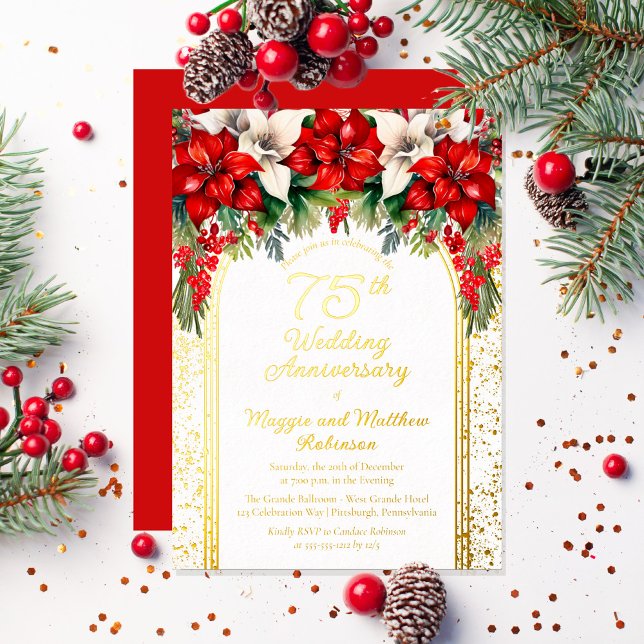 Invitación Con Relieve Metalizado Elegante Aniversario del Boda de Poinsettias 75 (Elegant Red and White Poinsettias Holiday "75th Wedding Anniversary" Party Gold Foil Invitation)