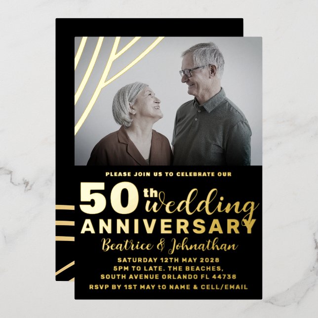 Invitación Con Relieve Metalizado Elegante Aniversario del Boda Negro y Oro 50 (Anverso/Reverso)