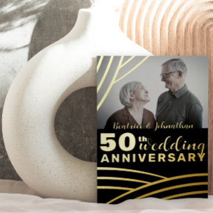 Invitación Con Relieve Metalizado Elegante Aniversario del Boda Negro y Oro 50