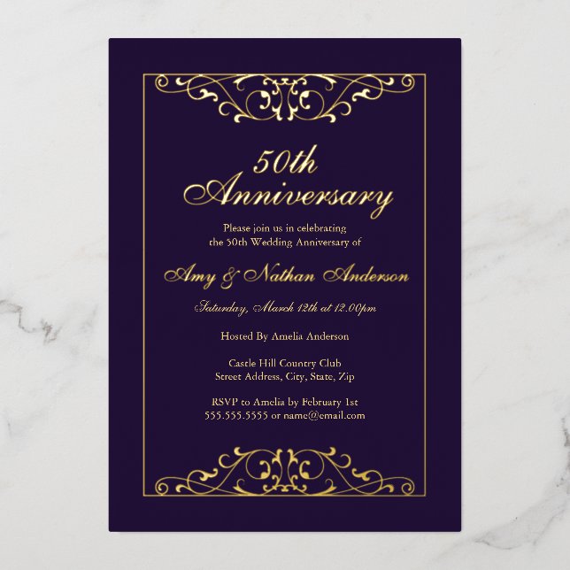 Invitación Con Relieve Metalizado Elegante Aniversario del Oro Púrpura 50 Boda (Anverso)