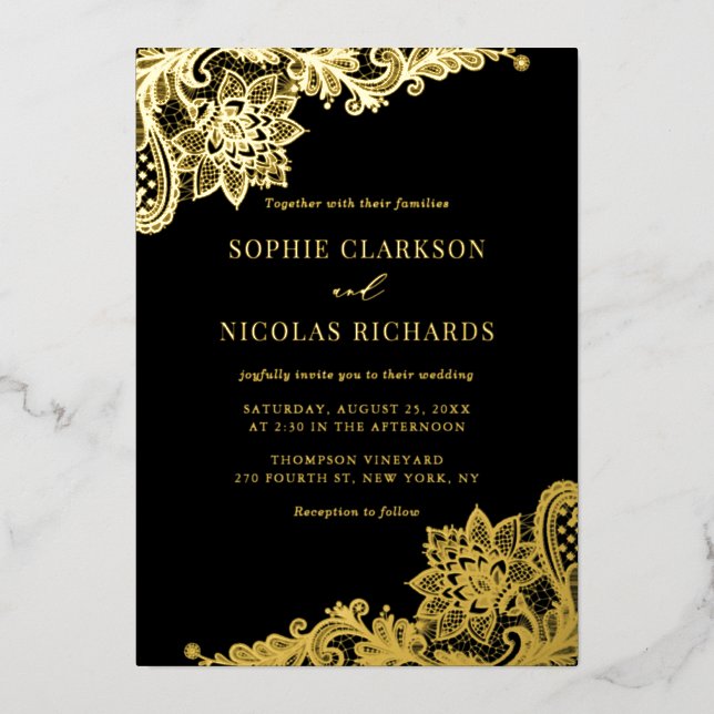 Invitación Con Relieve Metalizado Elegante antaño encaje negro Boda oro (Anverso)