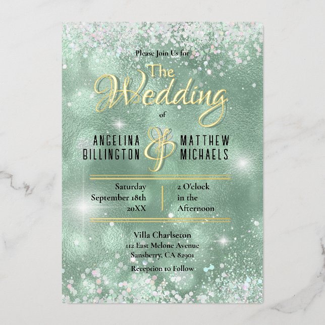 Invitación Con Relieve Metalizado Elegante Aqua Purpurina Verde azulado Confetti Bod (Anverso)