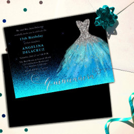 Invitación Con Relieve Metalizado Elegante Aqua Spanish Gown Quinceañera - Plata