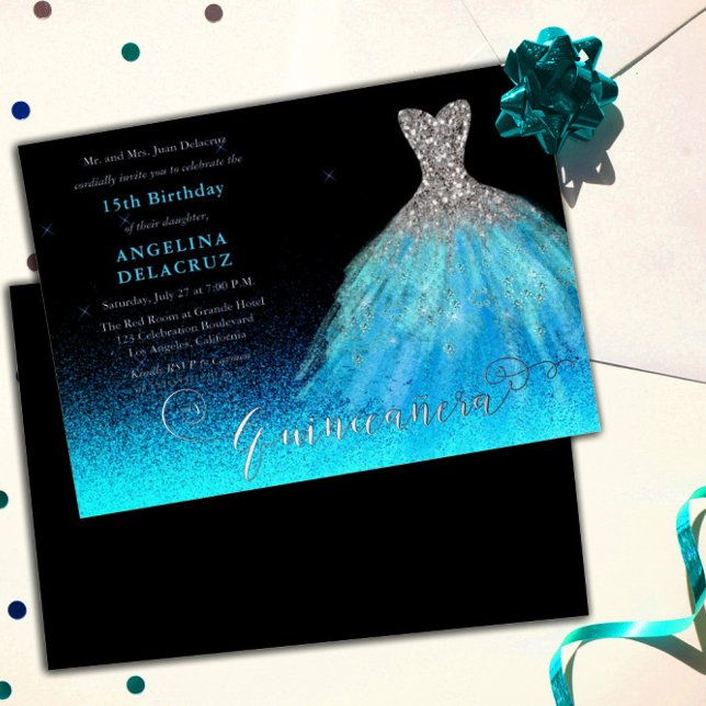 Invitación Con Relieve Metalizado Elegante Aqua Spanish Gown Quinceañera - Plata (Subido por el creador)