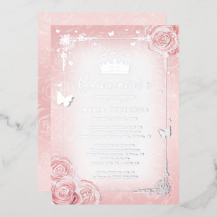 Invitación Con Relieve Metalizado Elegante Aquarela Floral Rosa Claro Quinceañera