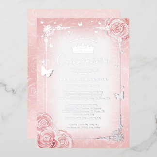 Invitación Con Relieve Metalizado Elegante Aquarela Floral Rosa Claro Quinceañera