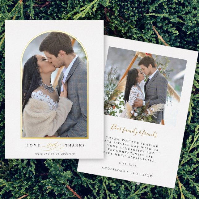 Invitación Con Relieve Metalizado Elegante Arch Love & Gracias Photo Boda Gracias (Front & Back)