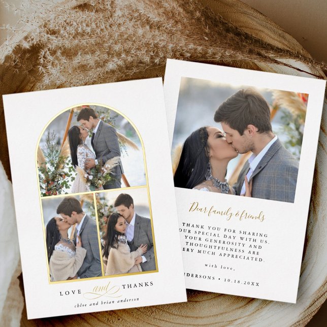 Invitación Con Relieve Metalizado Elegante Arch Love & Gracias Photo Boda Gracias (Front & Back)