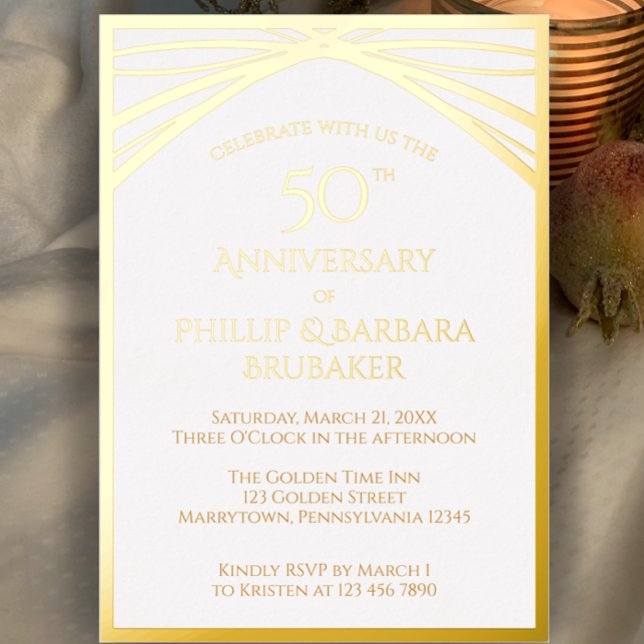 Invitación Con Relieve Metalizado Elegante Arco Dorado 50 Aniversario Fiesta Boda (Create a custom modern elegant 50th wedding anniversary invitation. Stylish unique gold foil invite.)