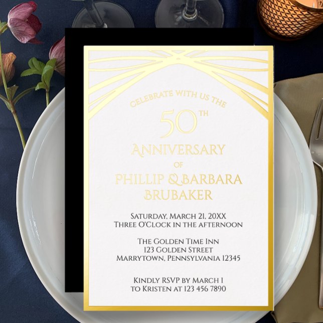 Invitación Con Relieve Metalizado Elegante Arco Dorado 50 Aniversario Fiesta Boda (Easily customize this 50th anniversary party invitation template. Gold foil, unique modern elegant.
)
