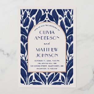 Invitación Con Relieve Metalizado Elegante arco moderno de oro. Boda floral azul mar