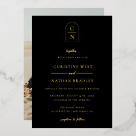 Invitación Con Relieve Metalizado Elegante Arco Monograma Foto Oro