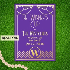 Invitación Con Relieve Metalizado Elegante Art Deco Caballo Derby Fiesta Purple Gold