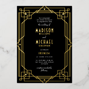 Invitación Con Relieve Metalizado Elegante Art Deco Frame Boda Relieve metalizado RE