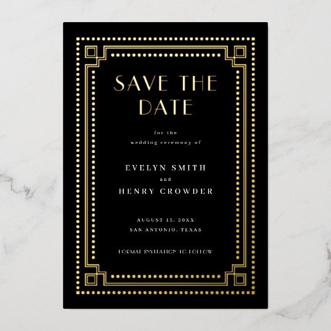 Invitación Con Relieve Metalizado Elegante Art Deco Guardar la carta de fecha con bo (Anverso)