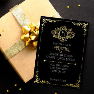 Invitación Con Relieve Metalizado Elegante Art Deco Sofisticado Boda de Oro Negro