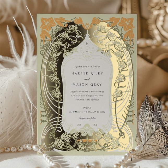 Invitación Con Relieve Metalizado Elegante Art Nouveau Boda Diseño floral (Subido por el creador)