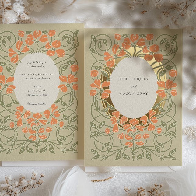 Invitación Con Relieve Metalizado Elegante Art Nouveau Floral Salmon Green Boda (Subido por el creador)