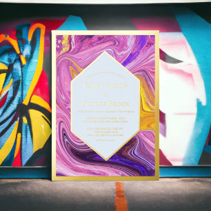Invitación Con Relieve Metalizado Elegante Arte Abstracto de Galaxia Rosa Azul Boda