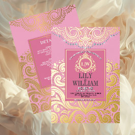 Invitación Con Relieve Metalizado Elegante Arte Deco Rosa Diamante Monograma Boda Or