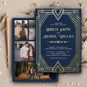 Invitación Con Relieve Metalizado Elegante arte geométrico Boda Marina Oro Azul